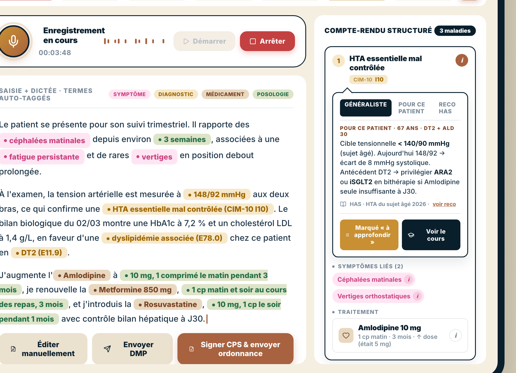 Compte-rendu structuré multi-diagnostics avec propositions IA cuivre, onglets Généraliste / Pour ce patient / HAS et bouton Marqué à approfondir